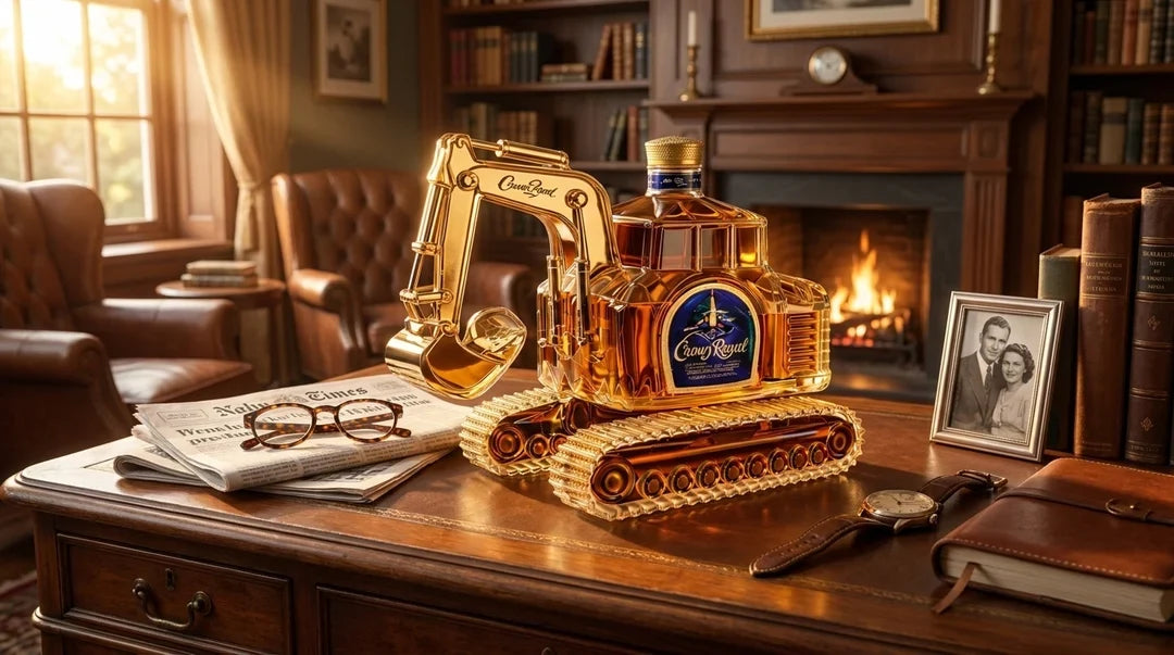 Excavator whisky decanter on a study desk
