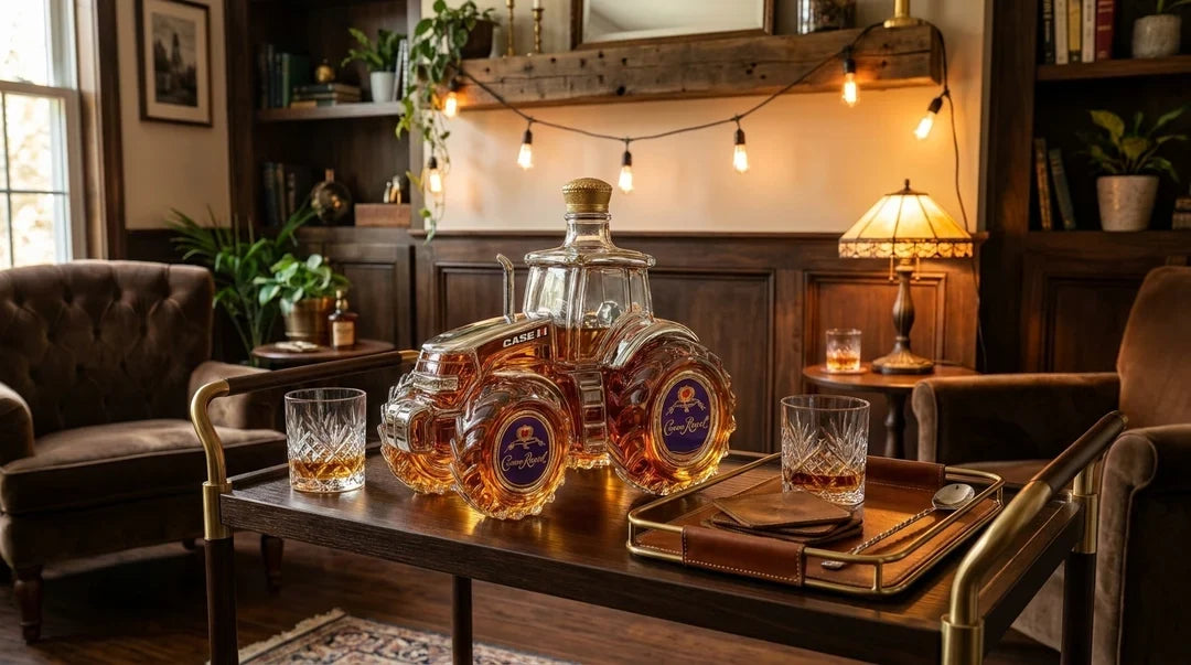 Tractor whisky decanter styled on a living room bar table