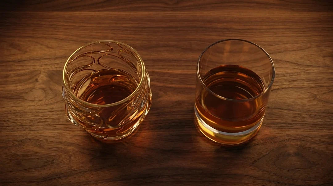 Japanese crystal whisky glass next to a standard tumbler
