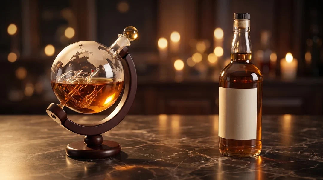 Globe whisky decanter next to a standard whisky bottle