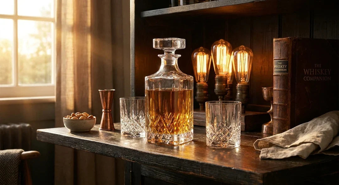 Crystal whisky decanter and glasses on a home bar shelf