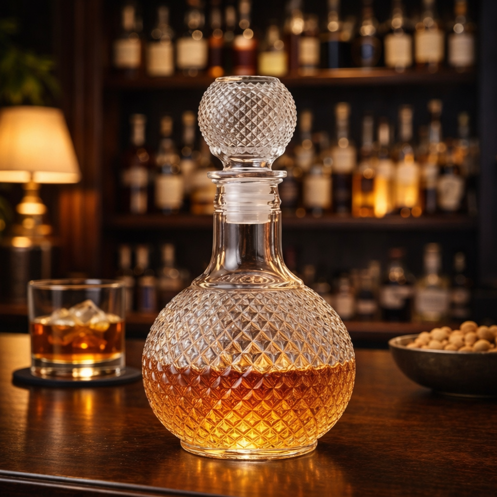 Diamond Cut whisky decanter with all-over diamond pattern, round base and spherical stopper