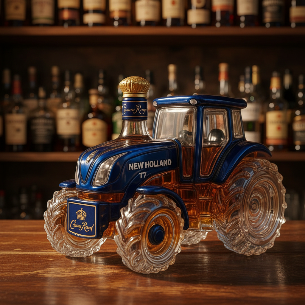 New Holland T7 whisky decanter shaped like a modern farm tractor in glass