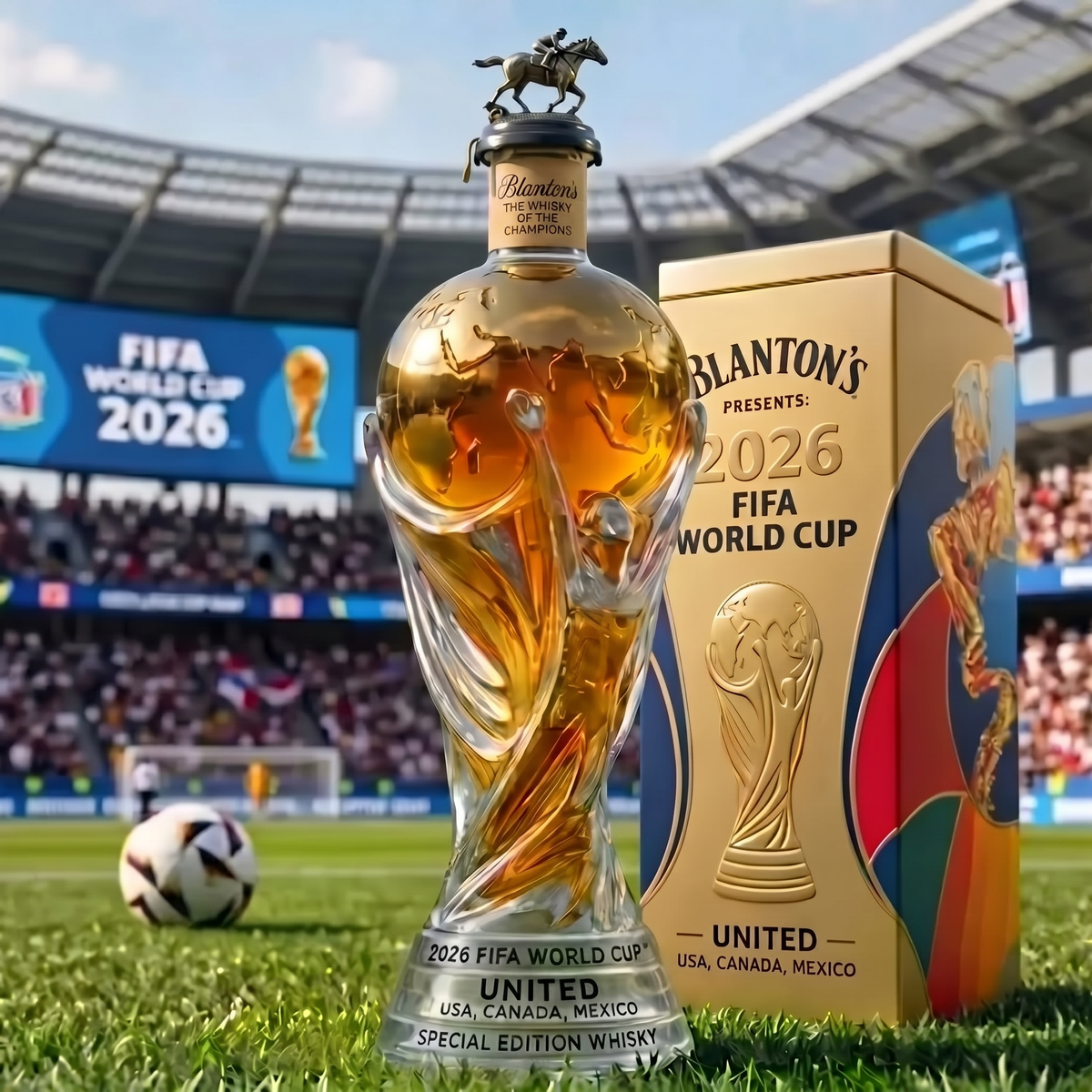 2026 World Cup Edition whisky decanter shaped like a gold trophy