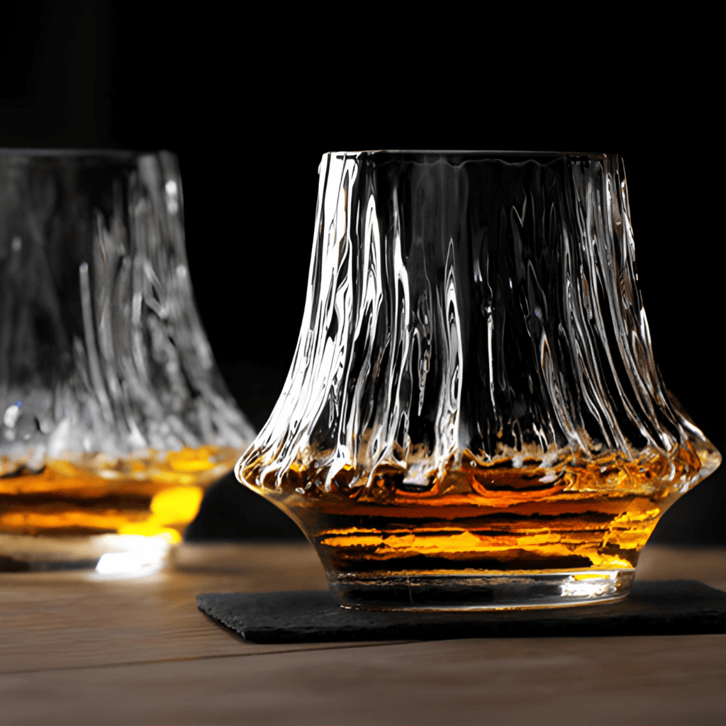 Yama Japanese crystal whisky glass, a low wide tumbler with a cut textured exterior