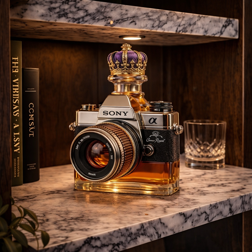 Camera Edition whisky decanter shaped like a vintage camera with lens and textured grip
