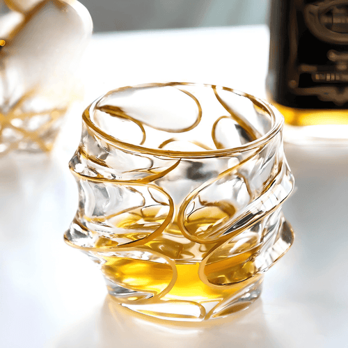 Arashi Gold Japanese crystal whisky glass, heavy clear crystal with a gold line