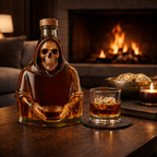 Death's Edition whisky decanter, a dark sculpted glass decanter with skull detailing