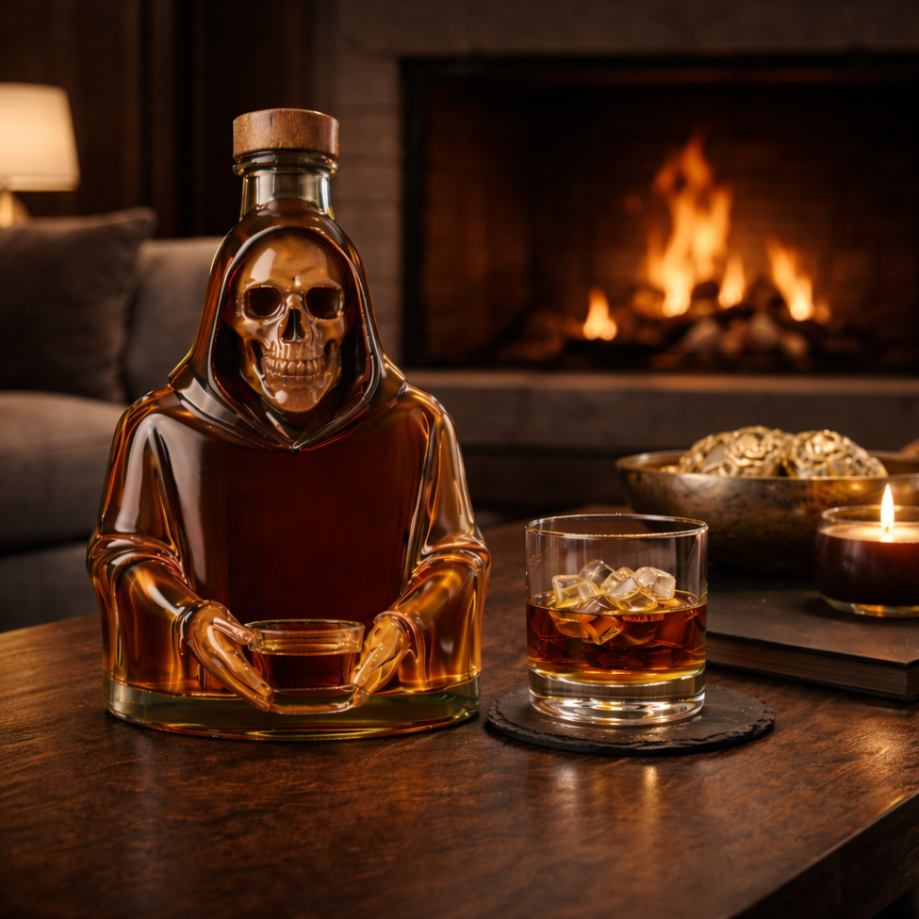 Death's Edition whisky decanter, a dark sculpted glass decanter with skull detailing