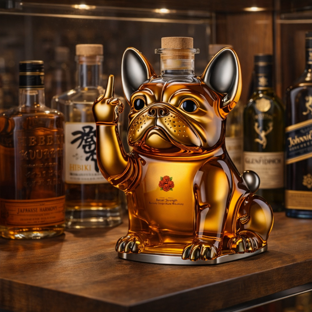 Dog Edition whisky decanter shaped like a seated dog in clear glass
