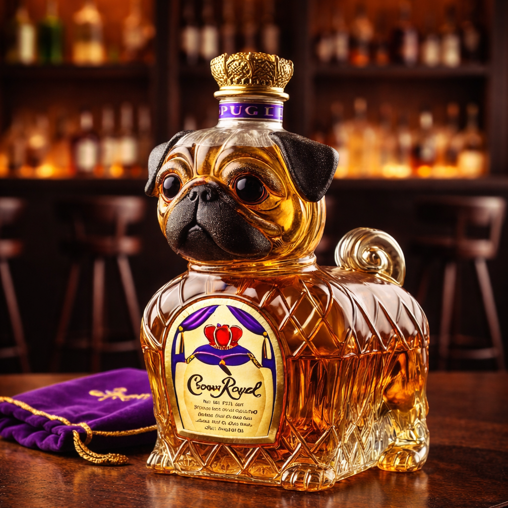 Pug Edition whisky decanter shaped like a seated pug in glass