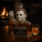 Halloween Edition whisky decanter, a dark sculpted glass decanter with theatrical detailing
