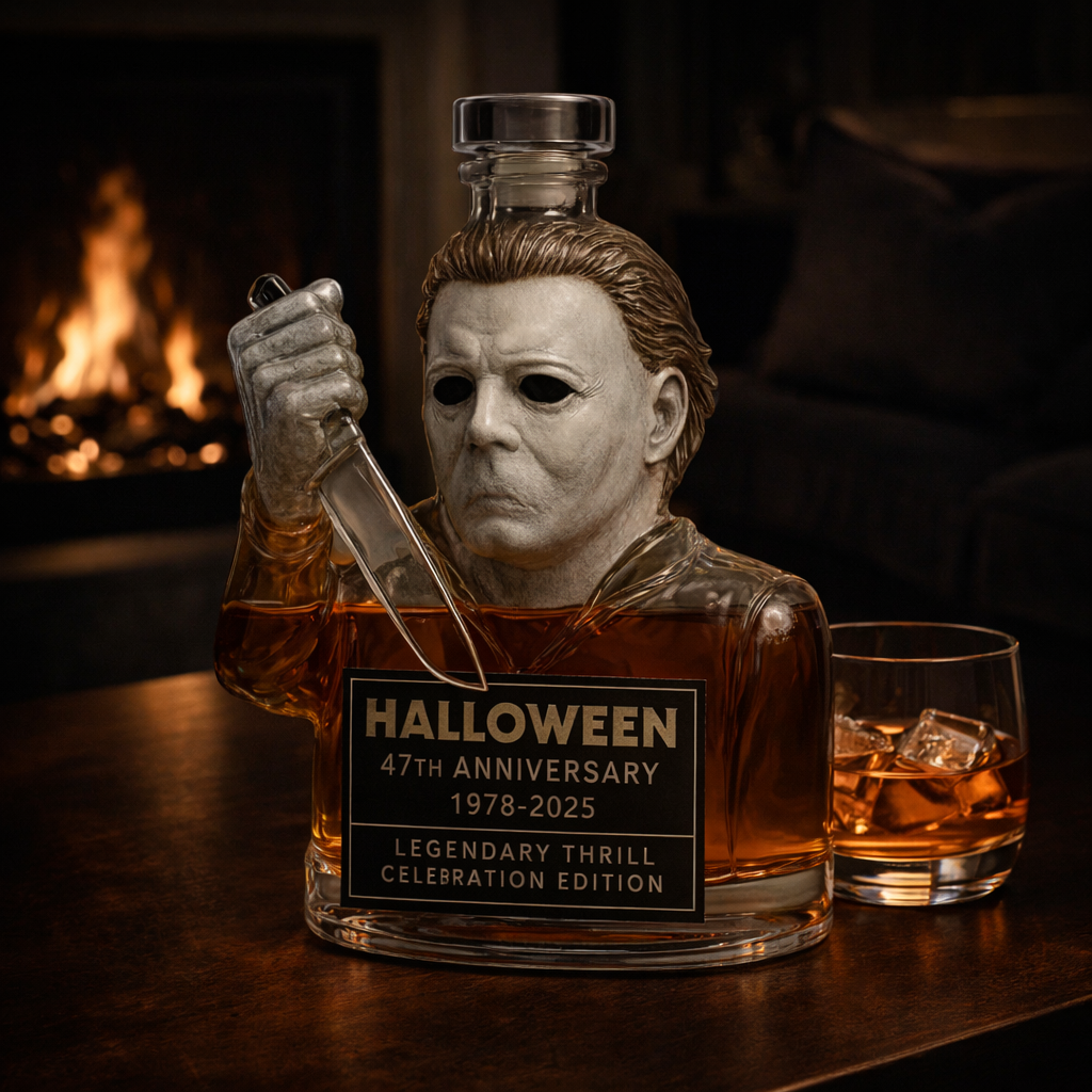 Halloween Edition whisky decanter, a dark sculpted glass decanter with theatrical detailing