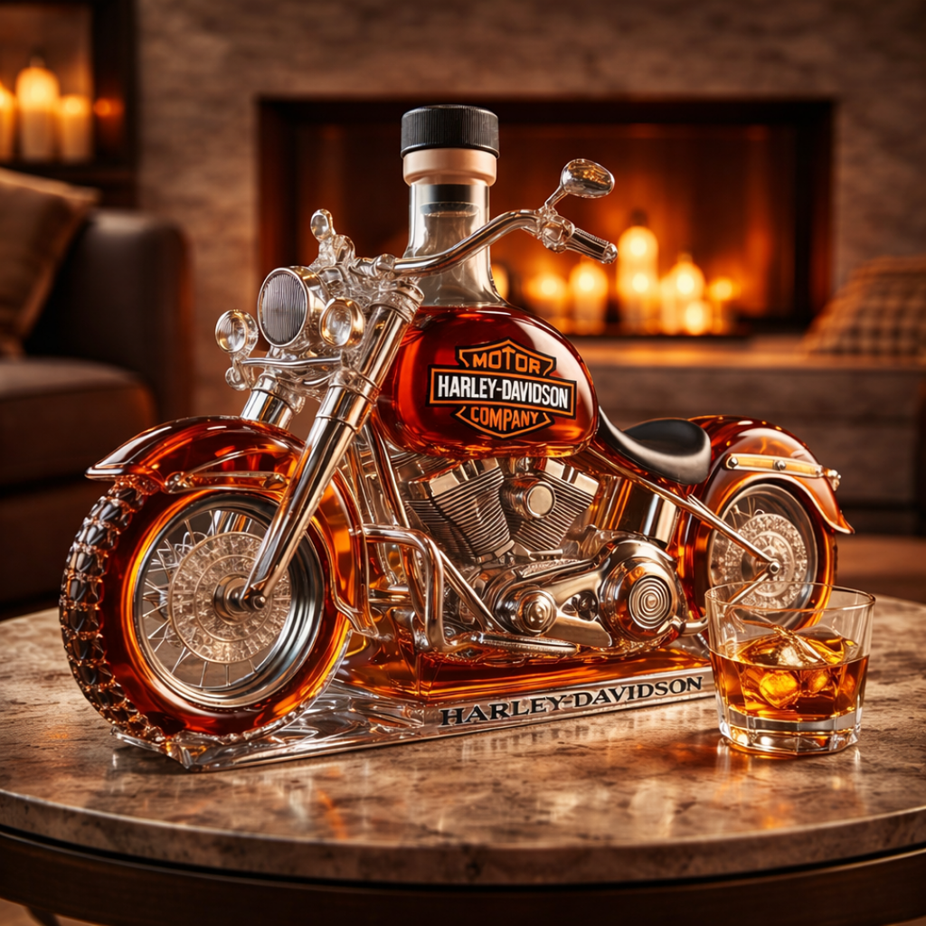 Harley-Davidson Edition whisky decanter shaped like a motorcycle, side view