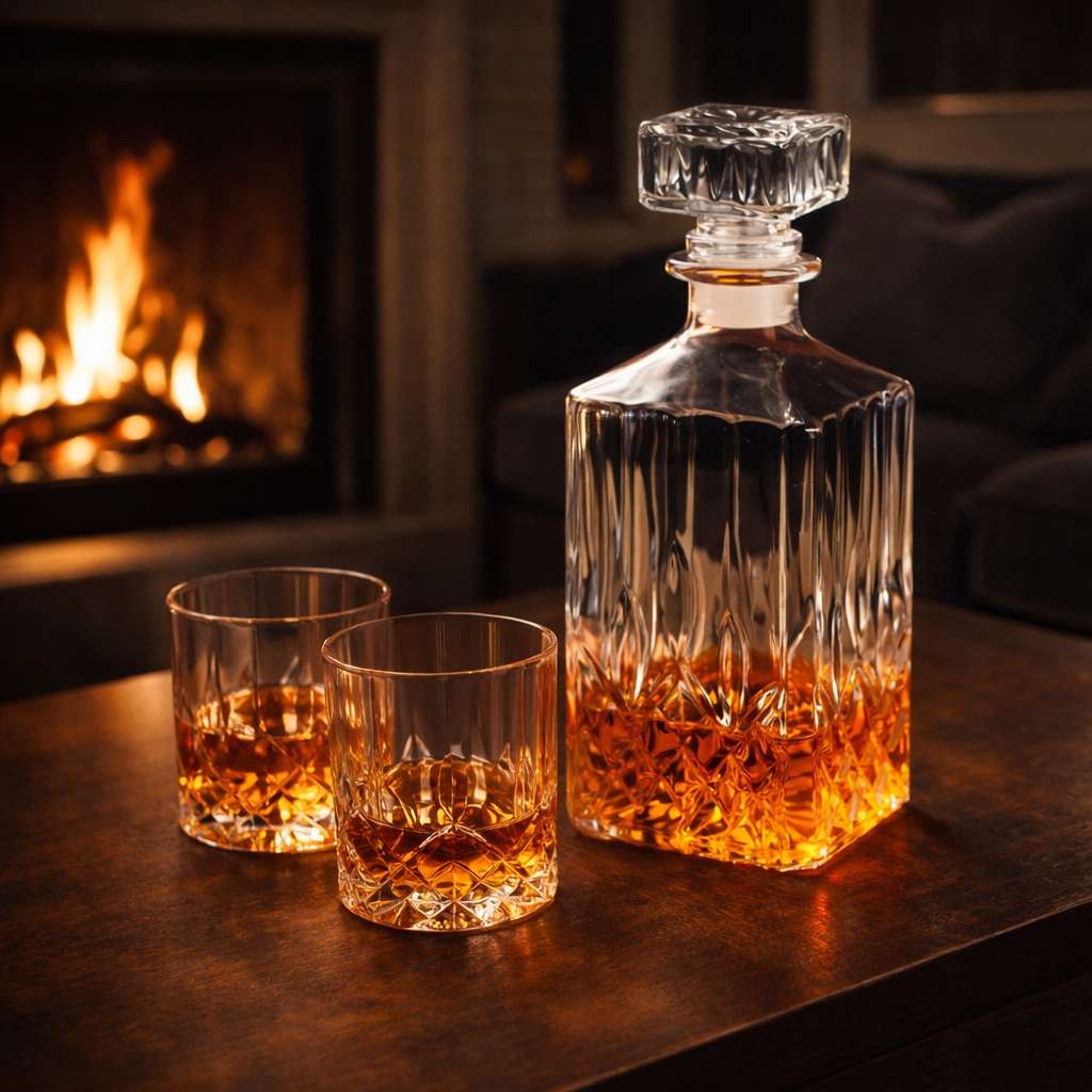 Whisky decanter and matching whisky glasses set in clear glass