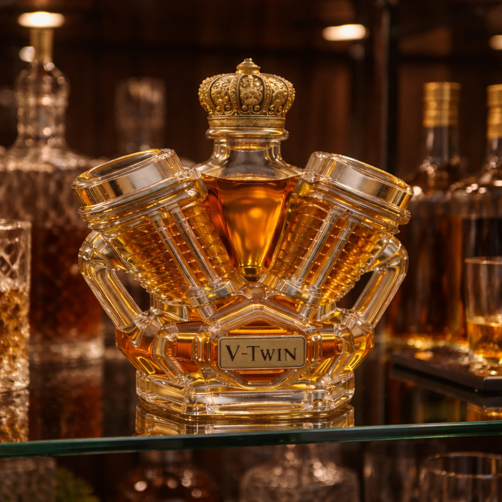 V-Twin Edition whisky decanter shaped like a V-twin motorcycle engine in glass