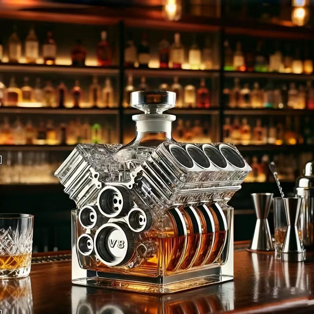 V8 Engine Edition whisky decanter shaped like a V8 engine block in clear glass