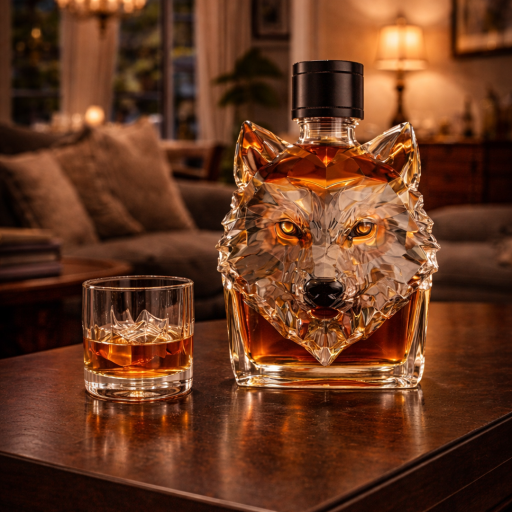 Wolf Edition whisky decanter sculpted as a wolf's head in glass