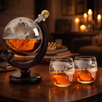 World Map Edition whisky decanter and matching whisky glass printed with a world map