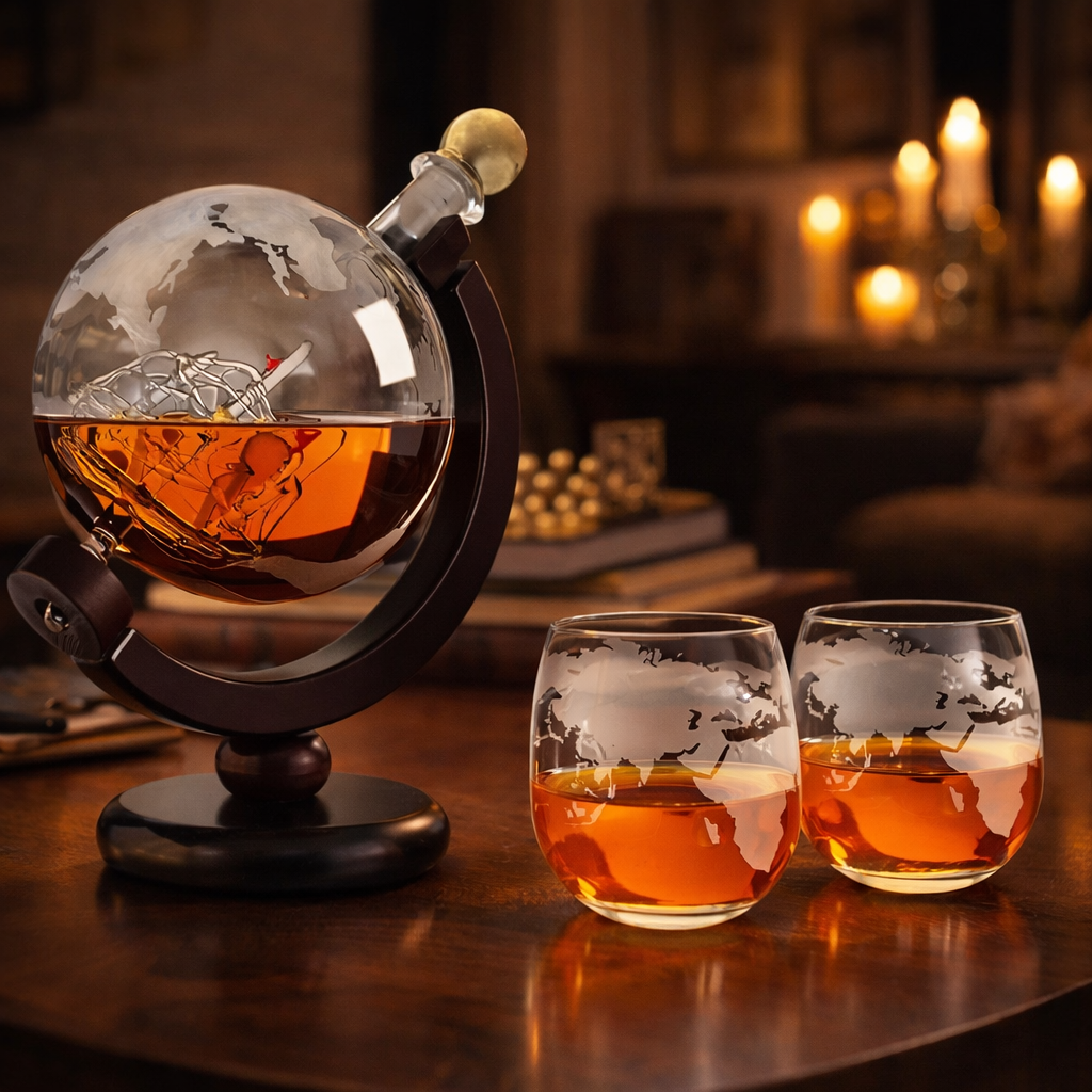 World Map Edition whisky decanter and matching whisky glass printed with a world map
