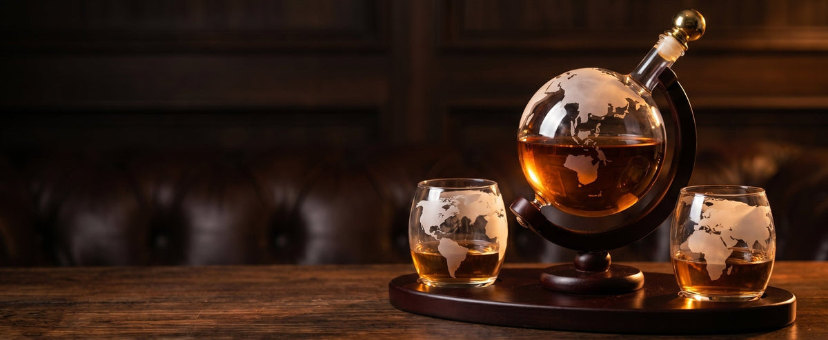 Globe whiskey decanter set with two etched glasses on a wooden tray
