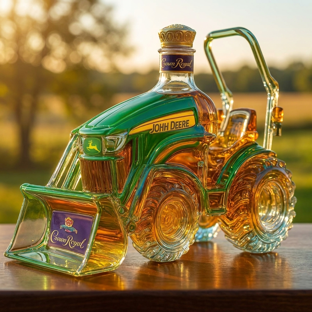 Tractor Edition whisky decanter shaped like a classic farm tractor in clear glass