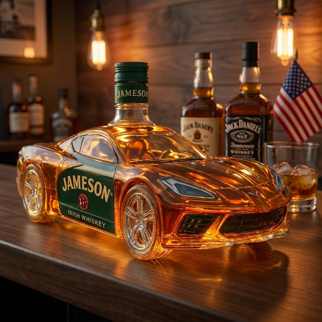 Corvette Edition whisky decanter shaped like a classic Corvette sports car