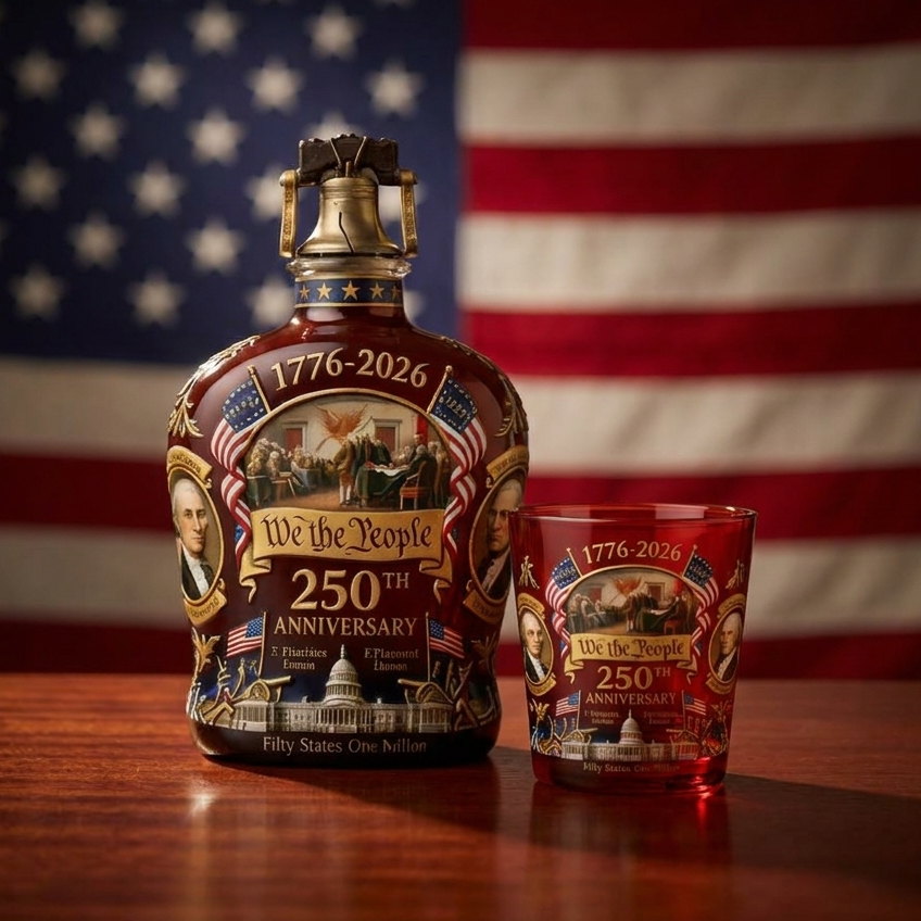 250th Anniversary whisky decanter with Liberty Bell topper and matching whisky glass