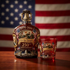 250th Anniversary whisky decanter with Liberty Bell topper and matching whisky glass