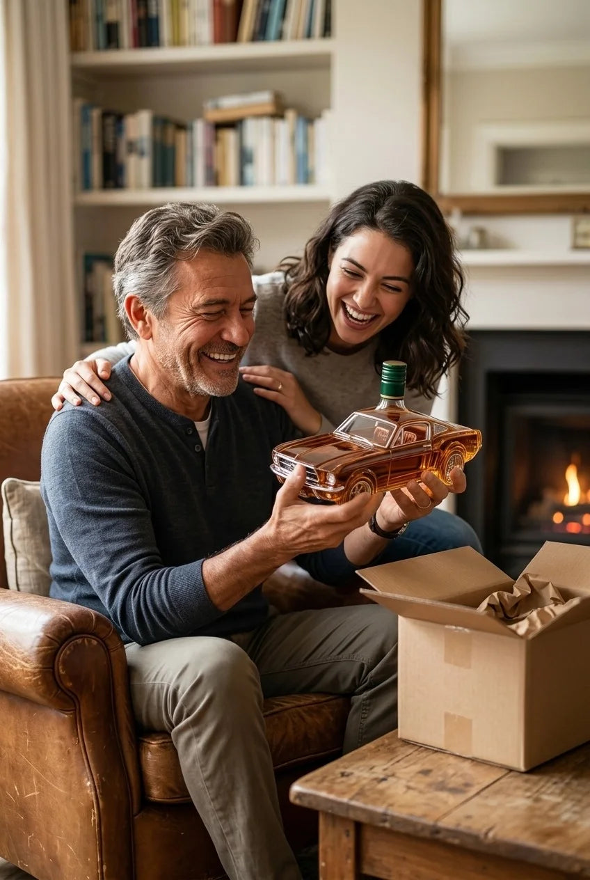 A man showing his new Mustang whisky decanter to his daughter at home