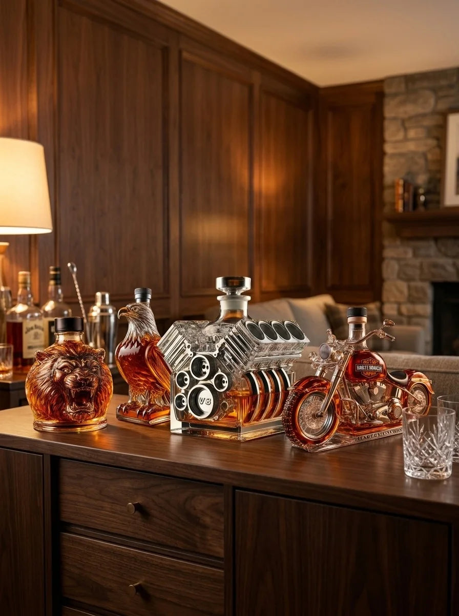 Shaped whisky decanters displayed on a home bar sideboard