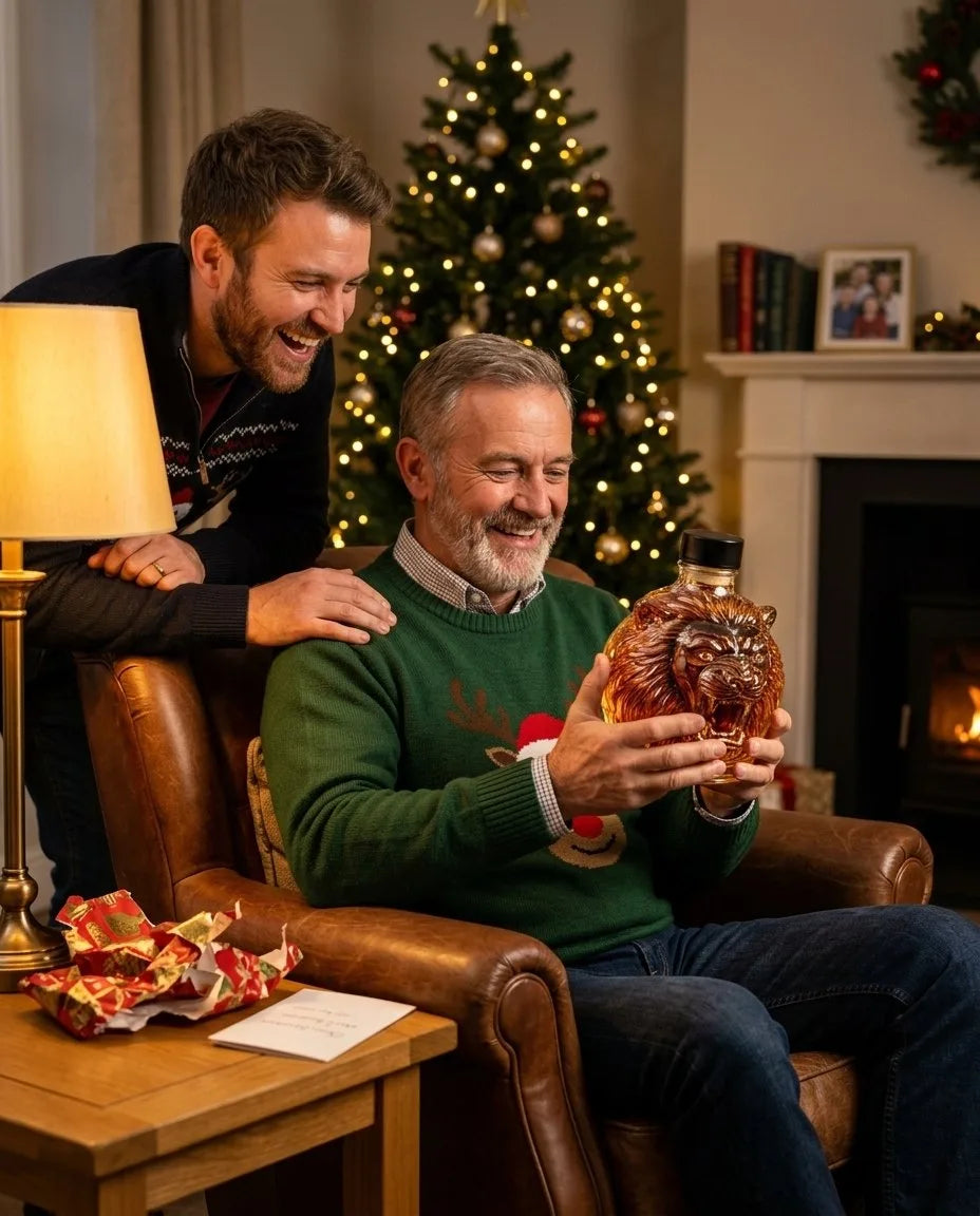 A father laughing with his adult son while holding his new whisky decanter on Christmas evening