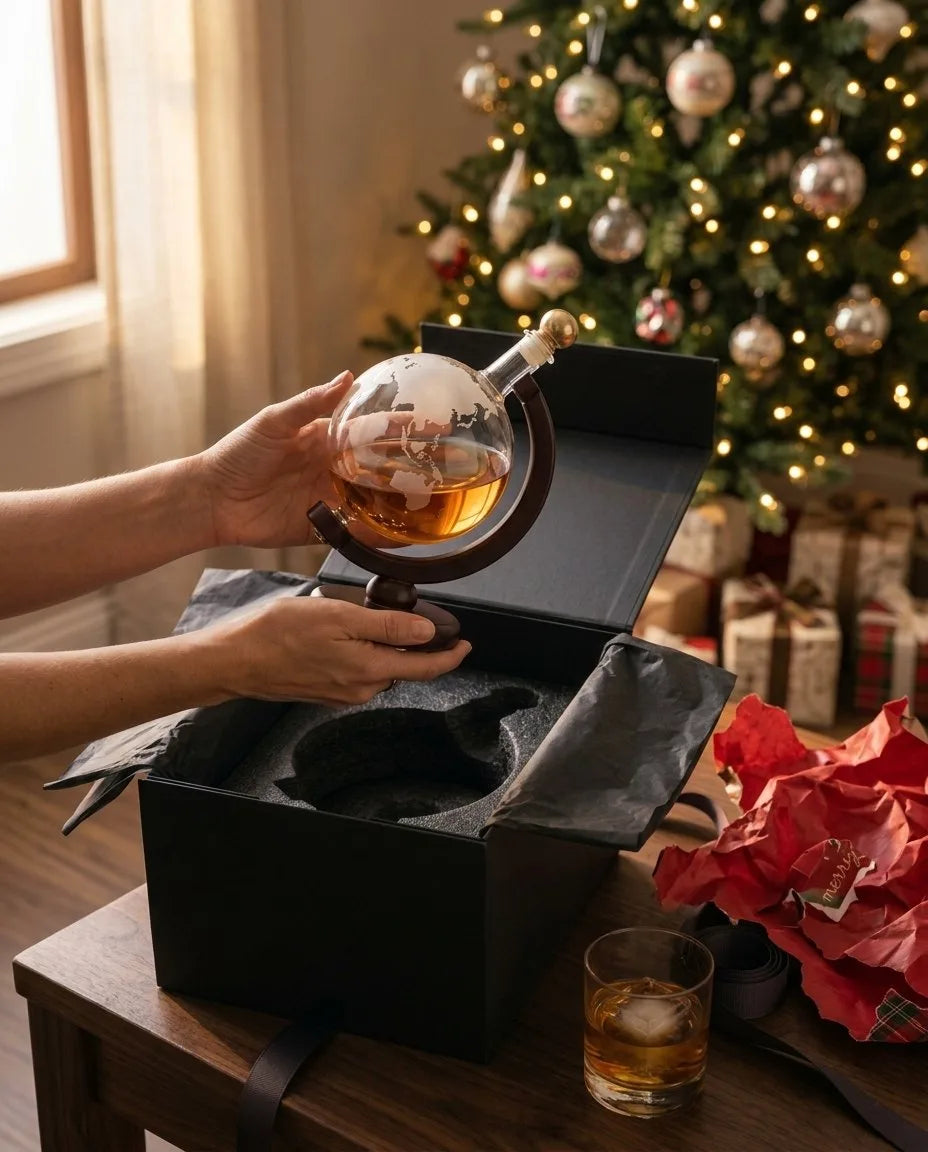 Hands lifting a whisky decanter out of its box on Christmas morning